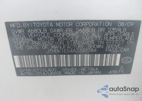 2010 Lexus Es 350 из США, поврежденный, VIN JTHBK1EG4A2343784